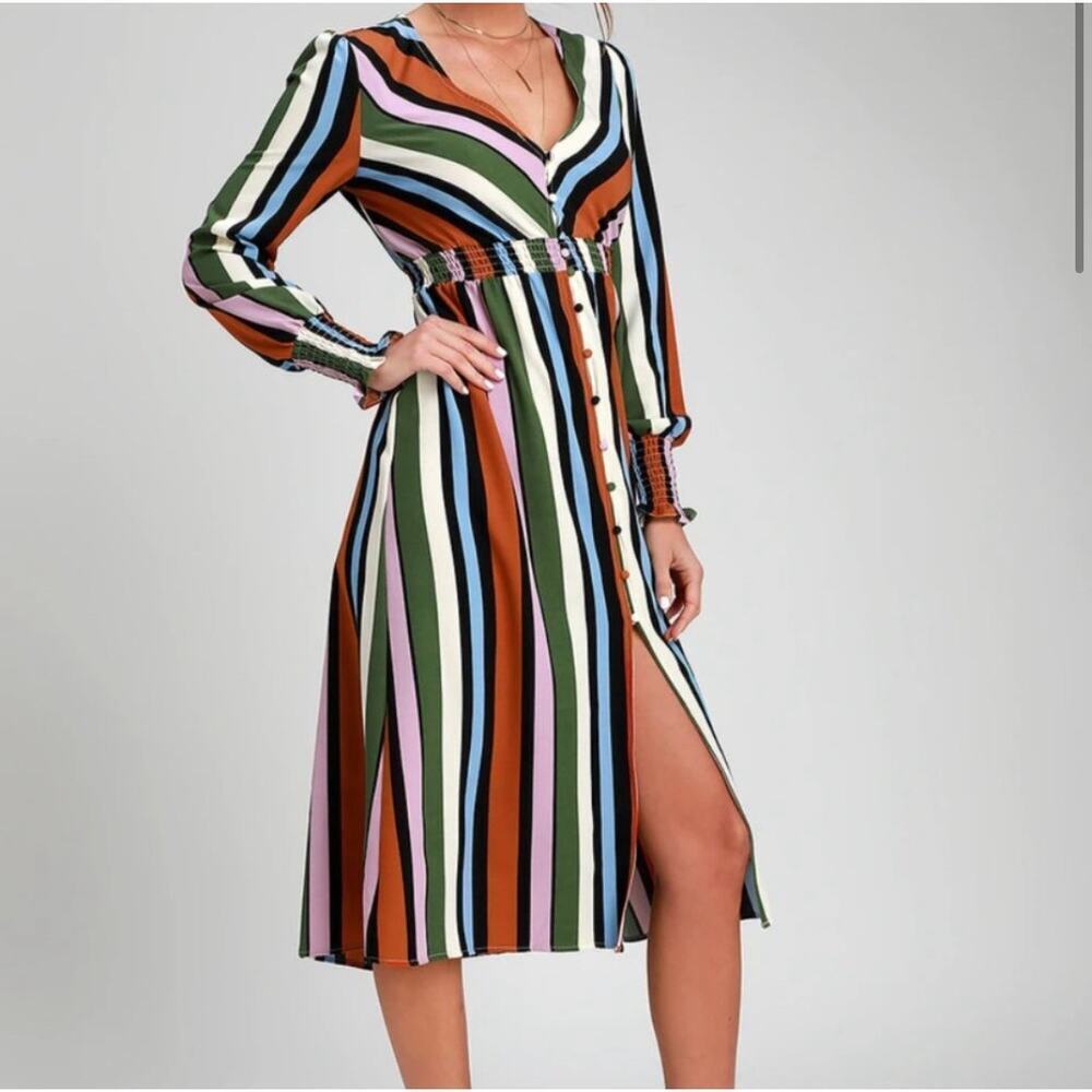 Lulus Multi Striped Button-Up Midi Dress - Picture 3 of 6